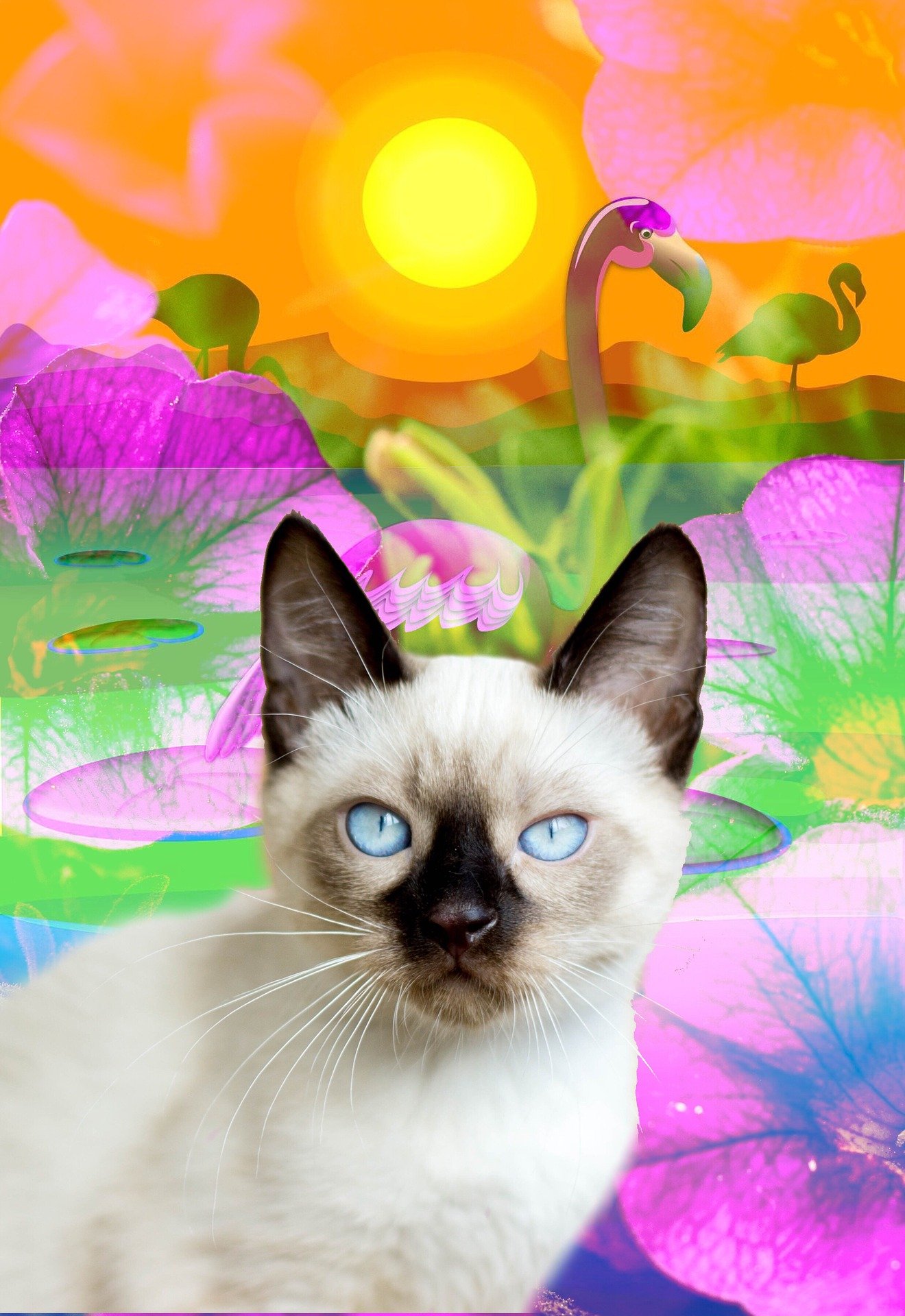 Кошка розовая глаза. Сиамские коты. Сиамские котята. Сиамский кот с цветочками. Сиамская кошка розовая.